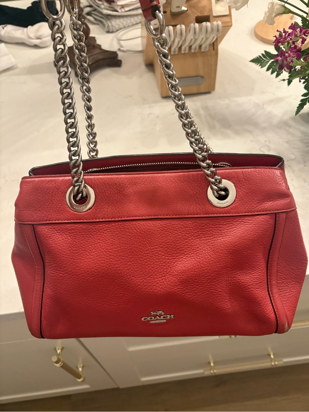 Coach Red Pebbled Leather Chain-Handle Shoulder Bag with Silver Hardware